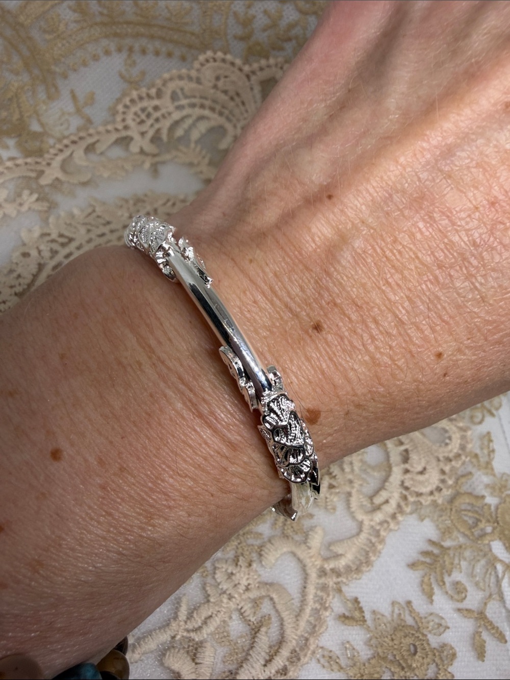 925 Sterling Silver Lace Leaf Adjustable Bangle Bracelet Heirloom French Market